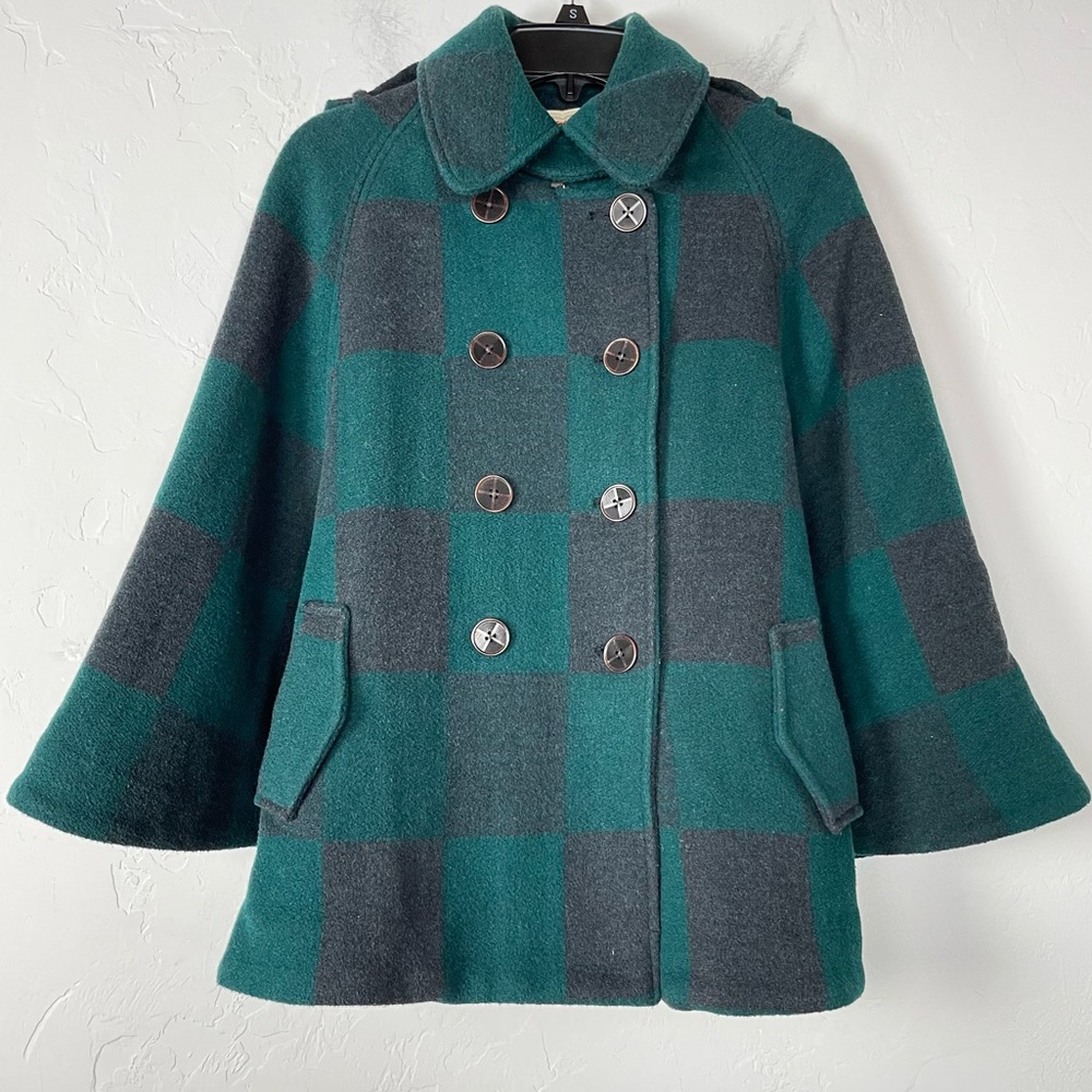 Anthropologie Jacket Coat Batwing Cape Buffalo Plaid Green Black‎ Lined Collared